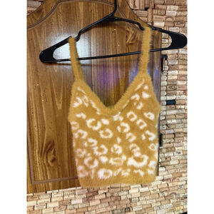 Forever 21 Cheetah Print Fuzzy Sweater Tank Top Size Small Mustard Yellow